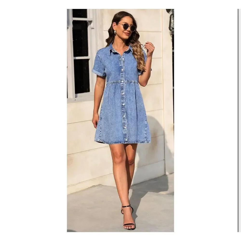 Babydoll Denim Dress with Pockets - Picture 3 of 6